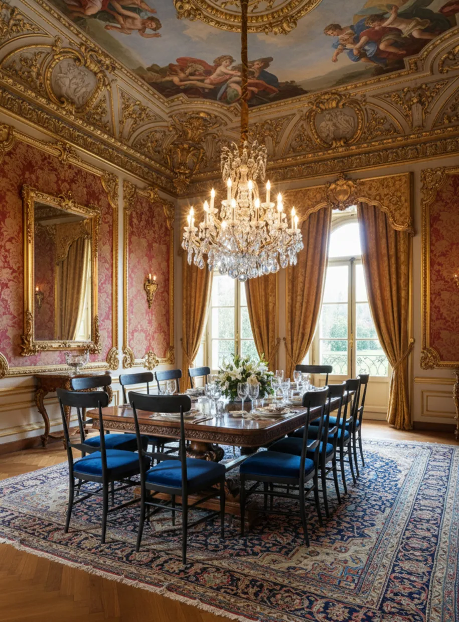 Elegant dining room featuring antique chairs in classic setting