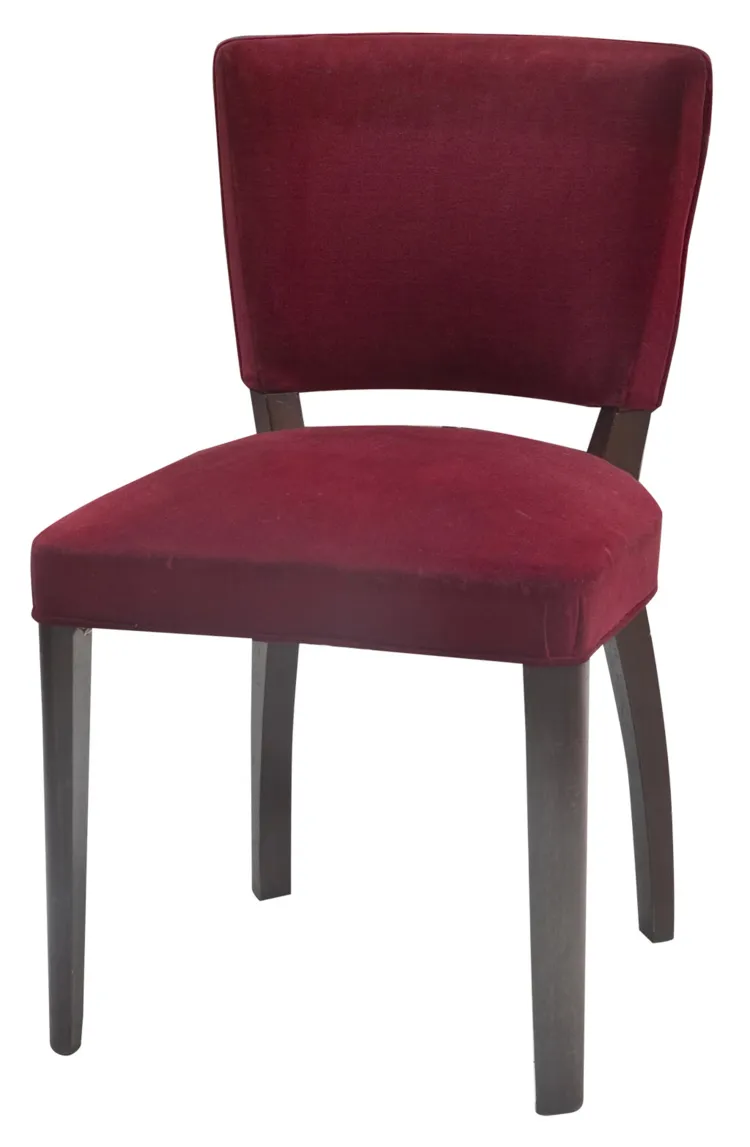 10 antique chairs, red upholstery, with straight legs.