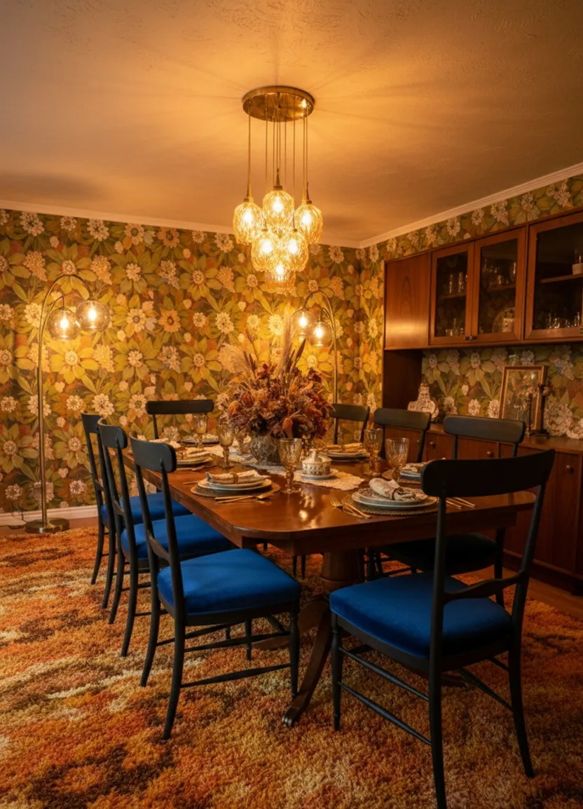 Blick auf 10 antike Stühle in einem Retro-Esszimmer mit Hängeleuchten.