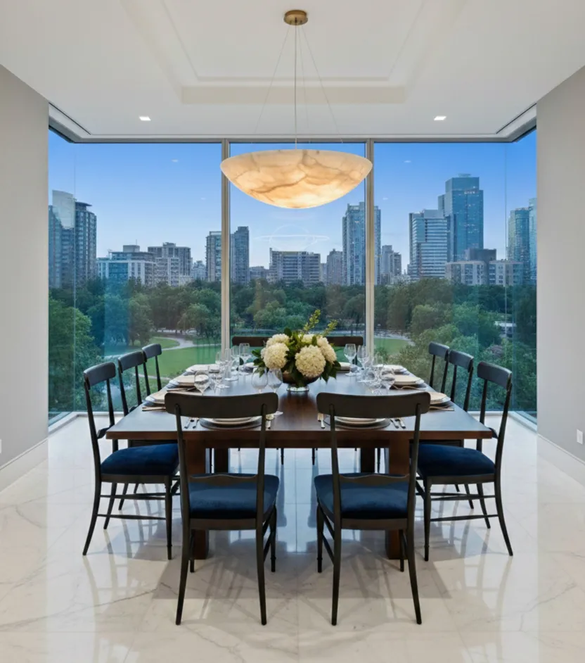 View of 10 antique chairs in a modern dining room with large windows.