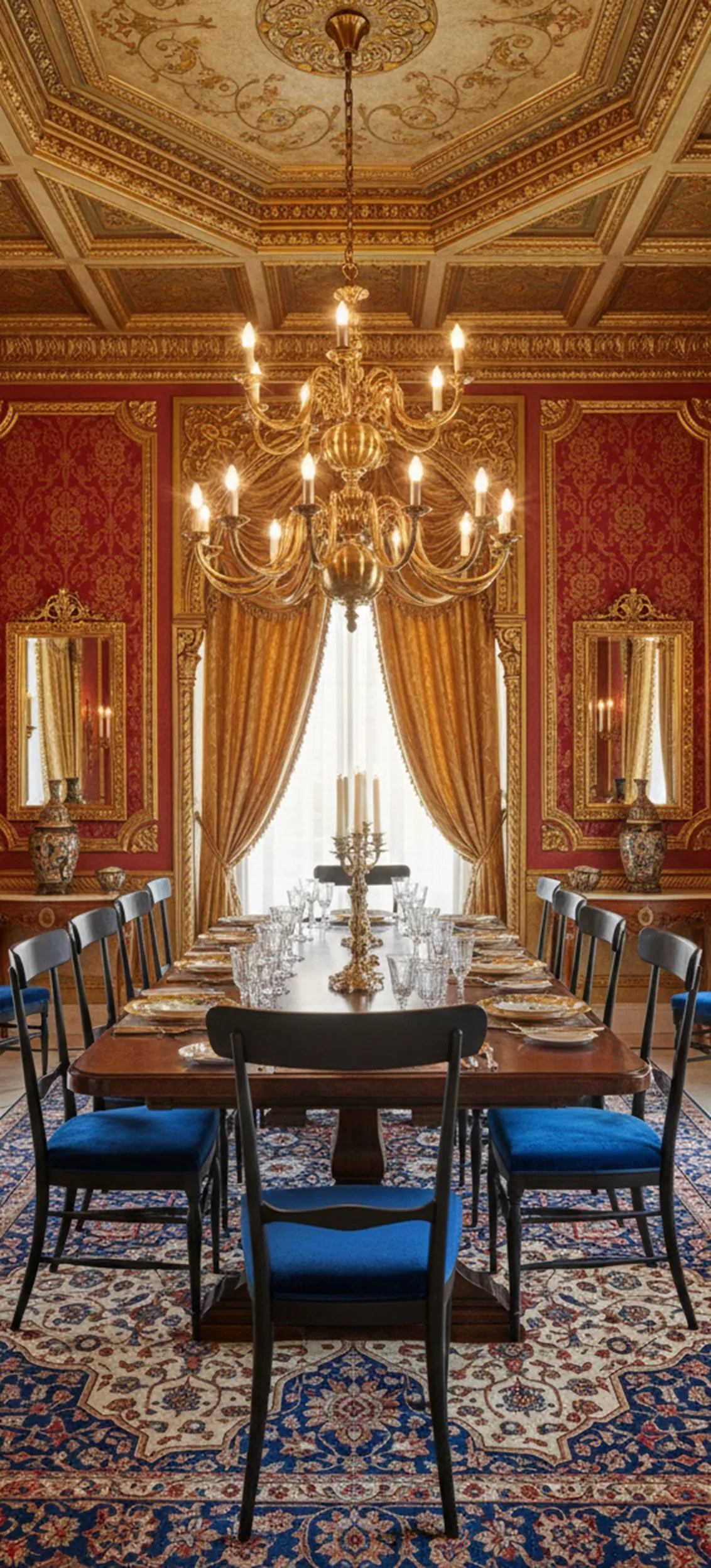 Blick auf 10 antike Stühle in einem eleganten Esszimmer