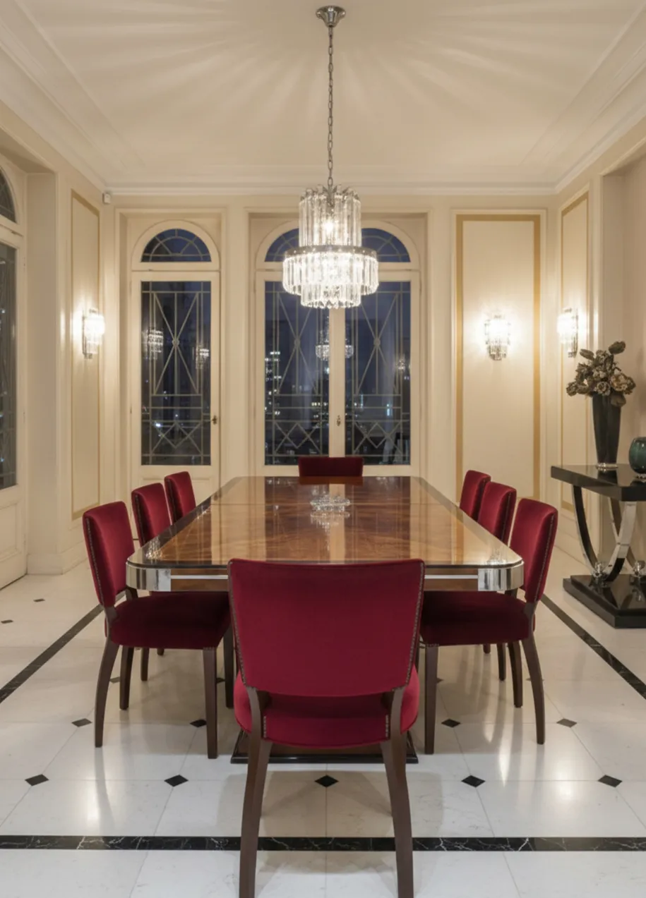 Blick auf 10 rote antike Stühle in einem eleganten Esszimmer.