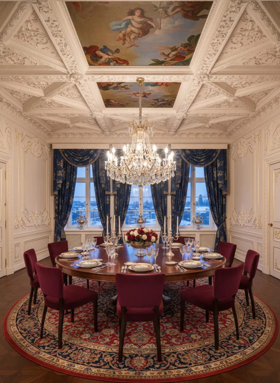 Vue de 10 chaises anciennes rouges disposées dans une élégante salle à manger avec des lustres, une table ronde et une décoration classique.