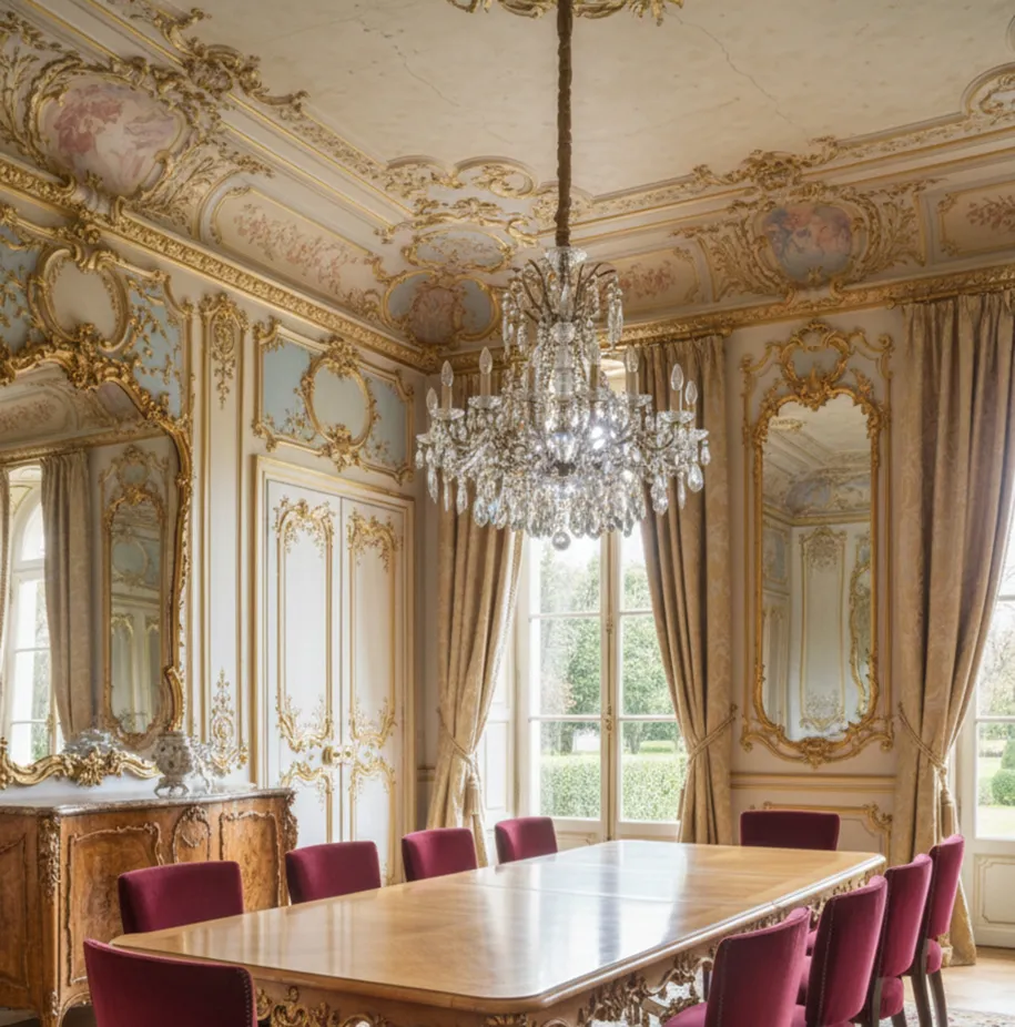 Zehn antike Stühle mit rotem Bezug in einem eleganten opulenten Esszimmer