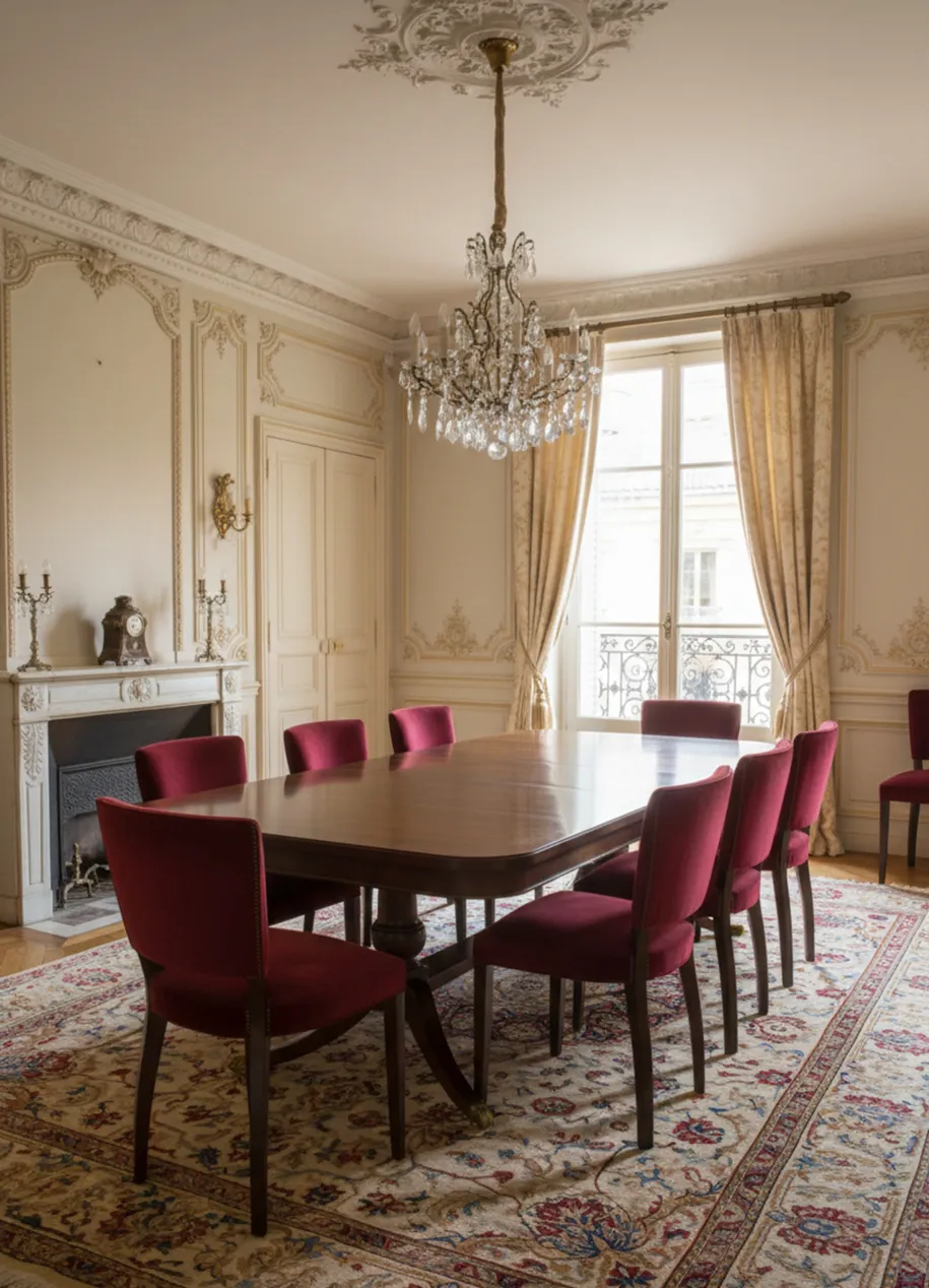 vista de 10 sillas antiguas en un comedor clásico