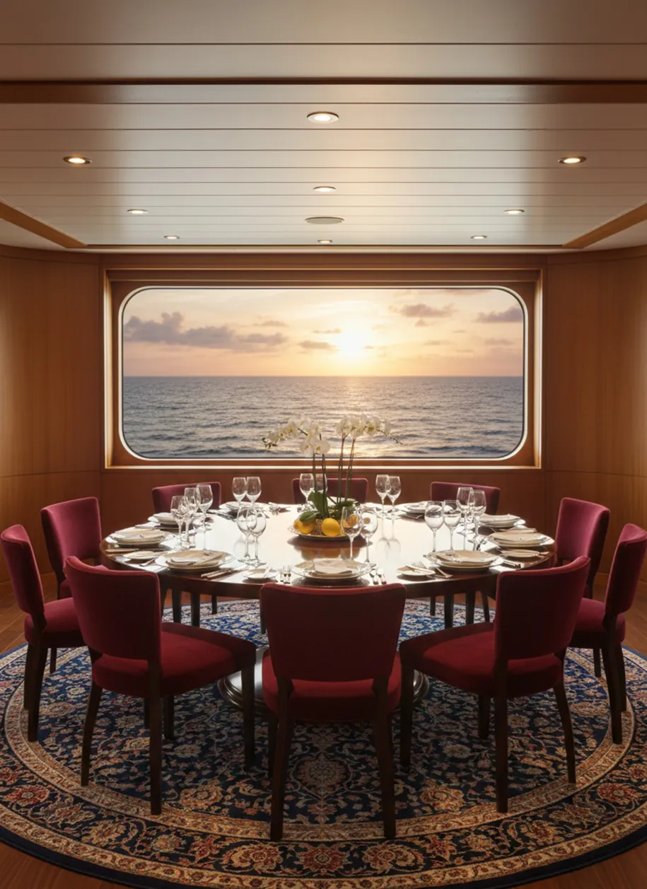 Ambiente interno com 10 cadeiras antigas e vista para o mar