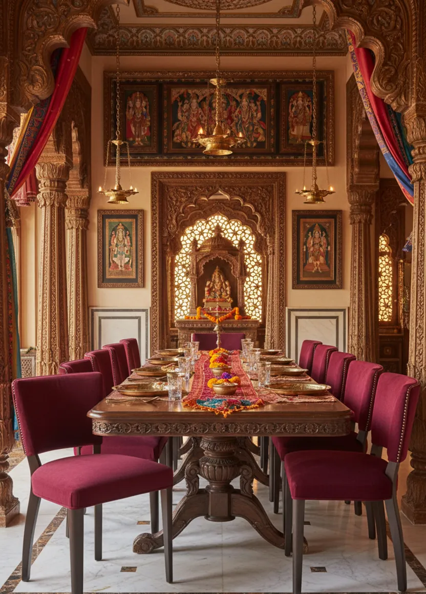 Vue de 10 chaises anciennes dans une salle à manger décorative avec une table et des décorations colorées.
