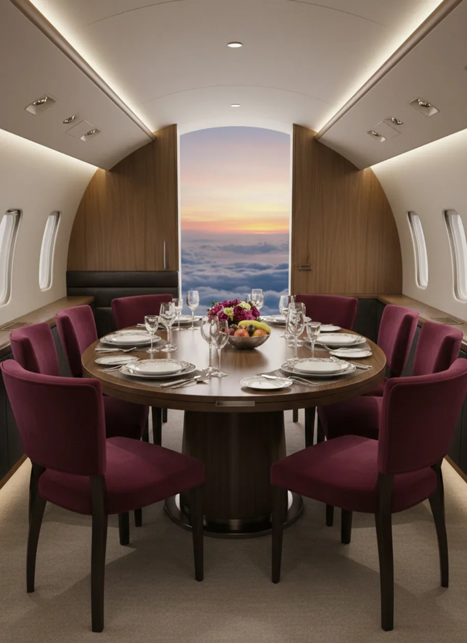 Elegantes Esszimmer mit 10 antiken Stühlen zur Restaurierung, Ausblick auf den Himmel.