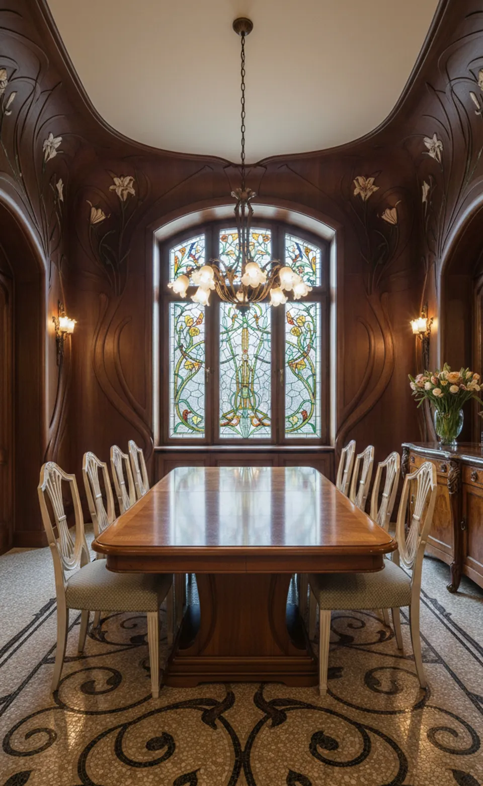 10 sedie antiche in un ambiente elegante con vetrate