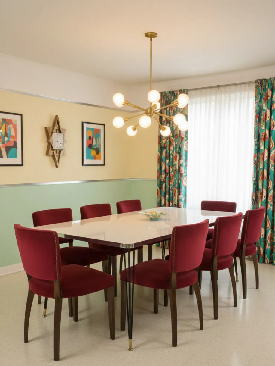 10 sedie antiche rosse in una sala da pranzo vintage