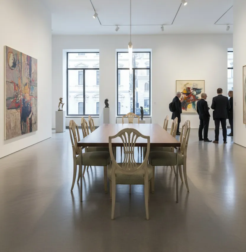 Vista di una sala da pranzo con 10 sedie antiche maison jansen da restaurare, arte sulle pareti