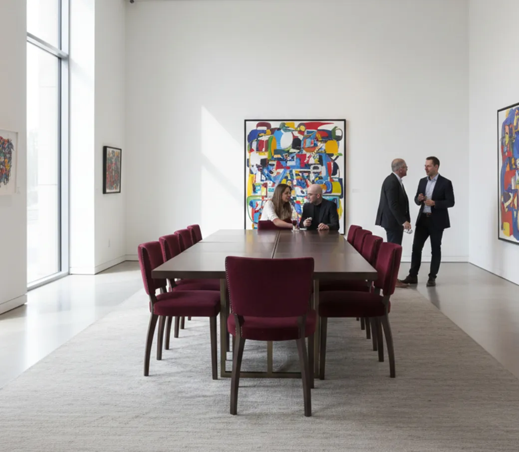 10 chaises anciennes dans une pièce moderne avec de l'art contemporain