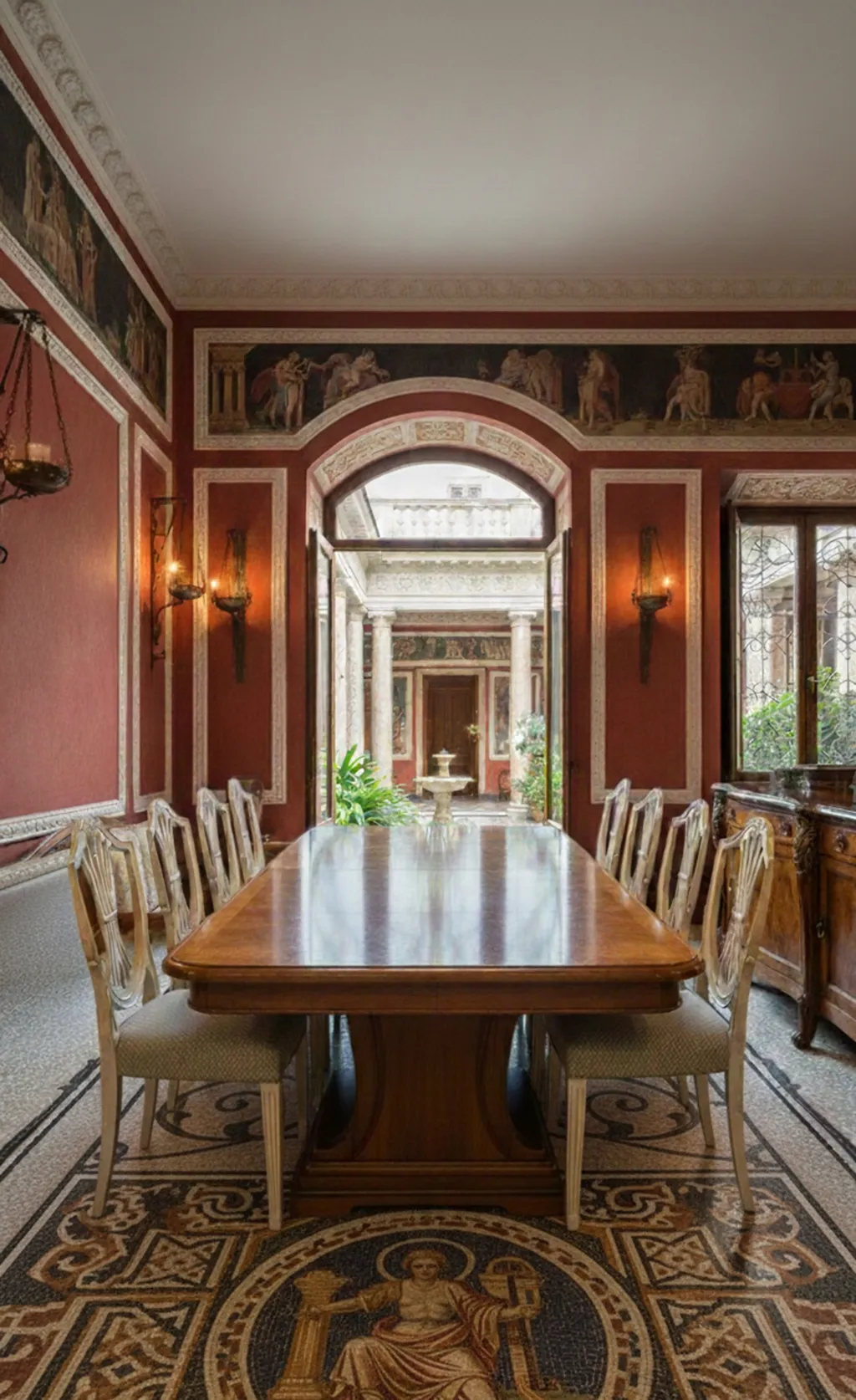 10 sedie antiche in una sala da pranzo elegante, decorazioni dettagliate