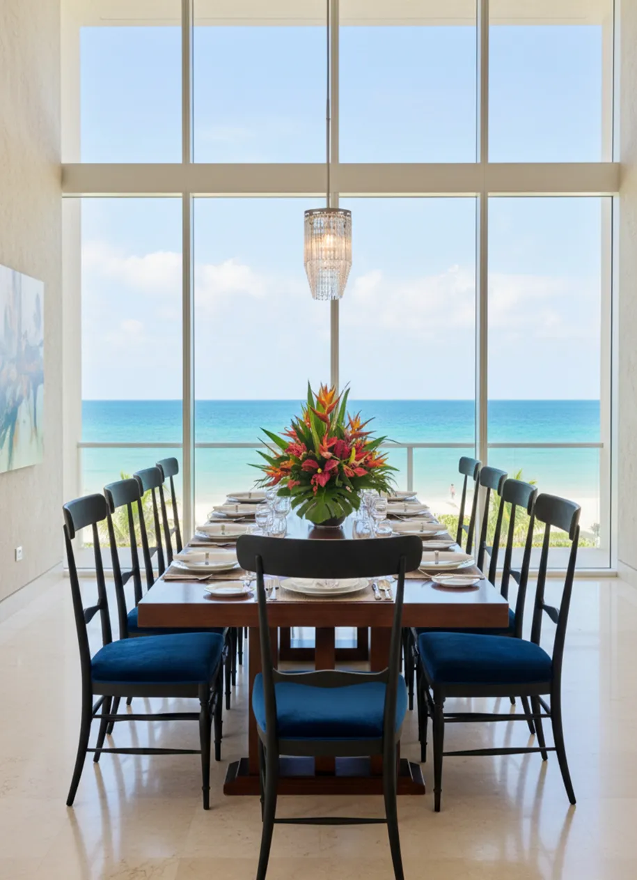 View of 10 antique chairs with a sea and flowers background