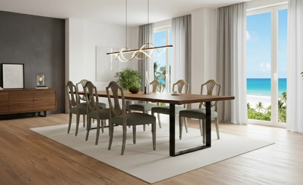 Vista del soggiorno con 10 sedie antiche pronte per la restaurazione, accompagnate da un tavolo moderno e decorazione minimalista.