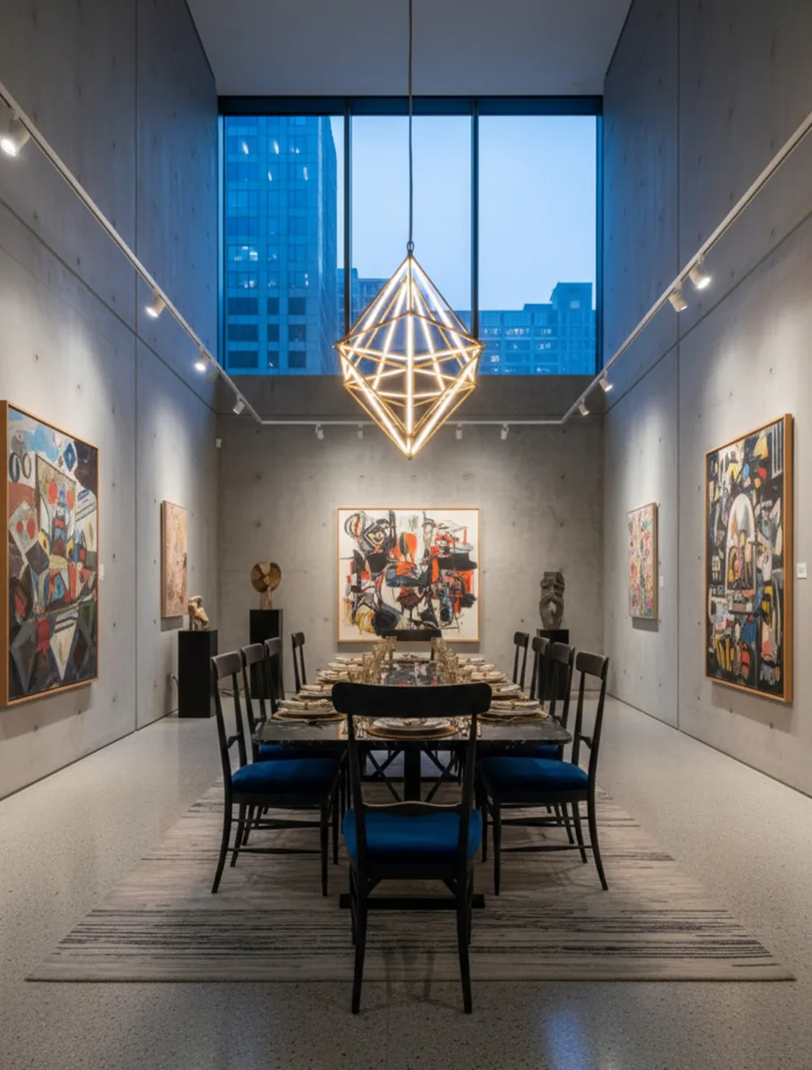 Vista de una sala moderna con 10 sillas antiguas colombo sanguineti chiavari y decoración artística