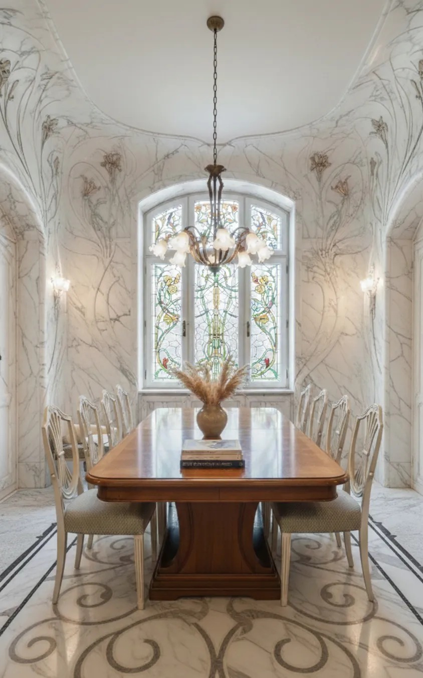 Set of 10 antique chairs around a table with a stained glass window