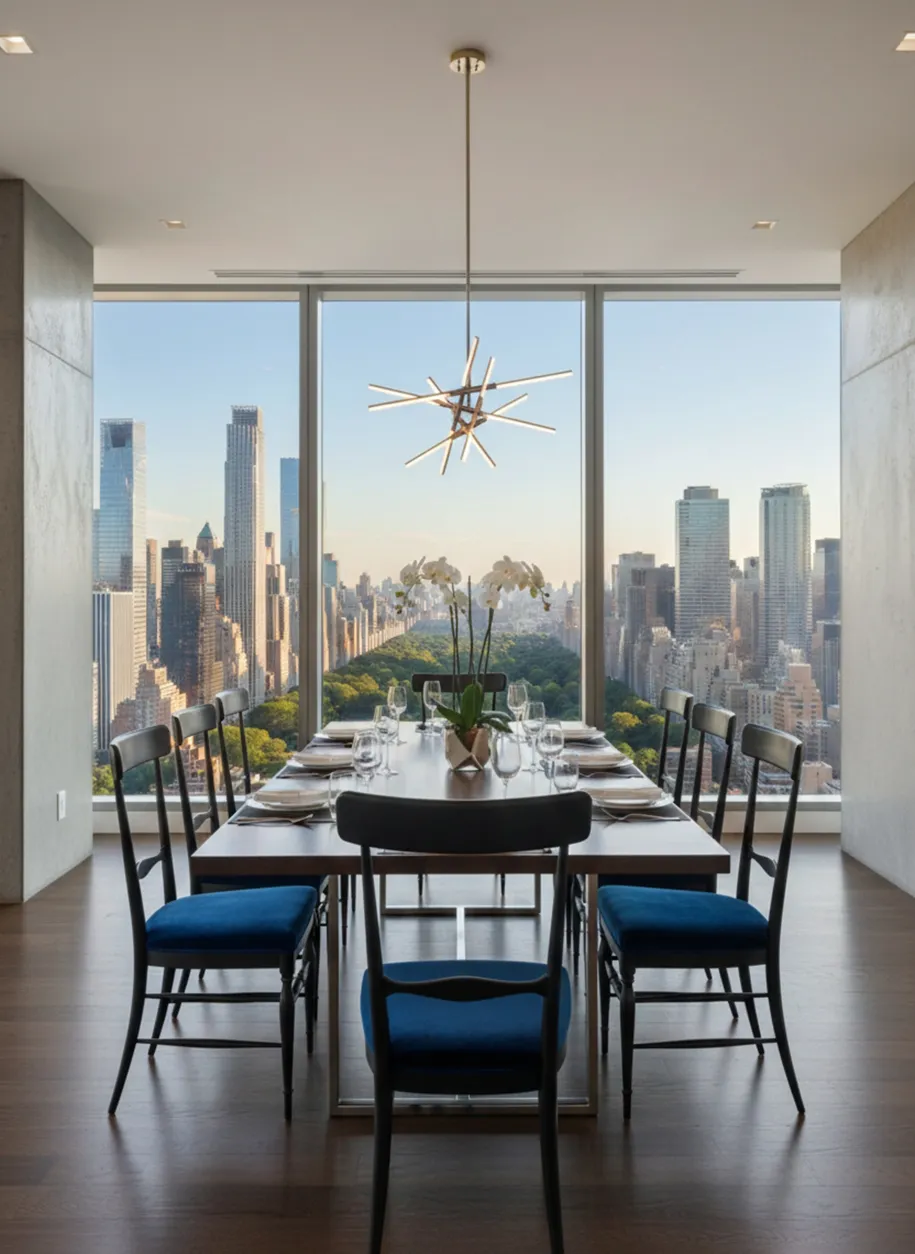 Vue d'une salle à manger moderne avec 10 chaises anciennes et une élégante table; grandes fenêtres avec vue sur la ville.