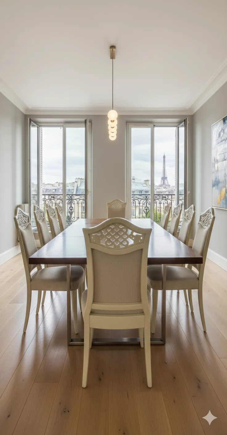 Conjunto de 12 sillas antiguas, en un ambiente moderno, elegantes detalles decorativos.