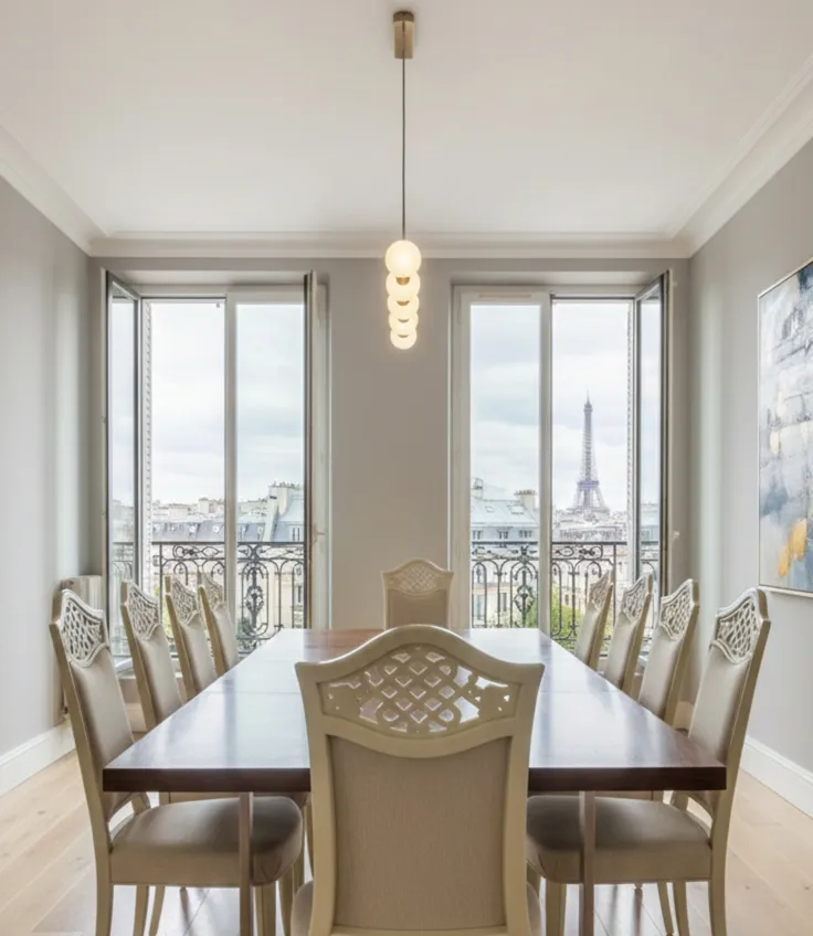Vue de 12 chaises anciennes dans une salle à manger élégante avec vue sur la Tour Eiffel et lumière naturelle.