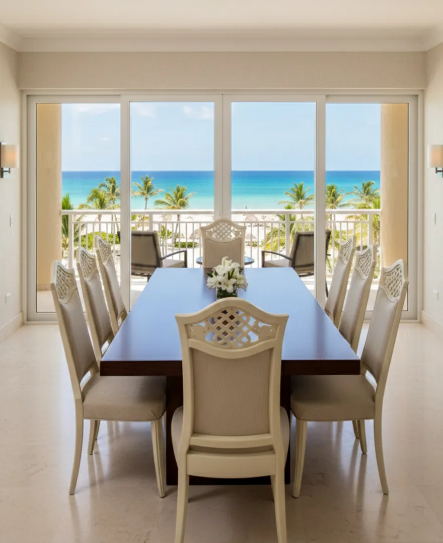 12 antique chairs in a bright dining room with ocean view