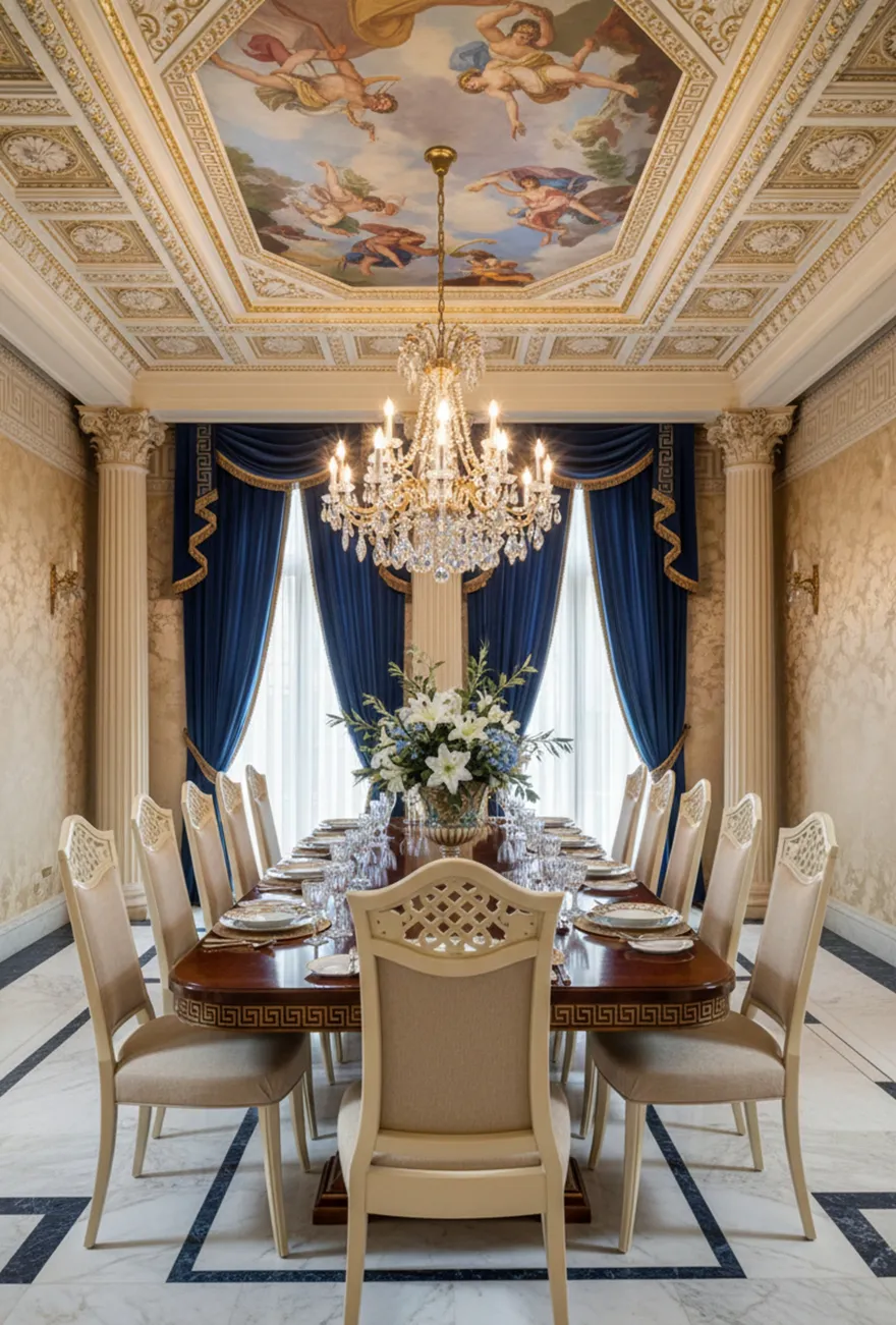 Vista elegante della sala da pranzo con 12 sedie antiche pronte per il restauro.