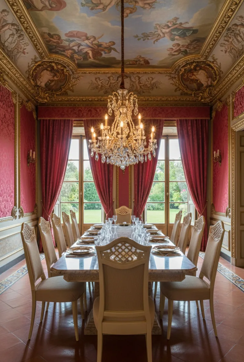 Blick auf ein Esszimmer mit 12 antiken Stühlen zur Restaurierung, eleganter Dekor.
