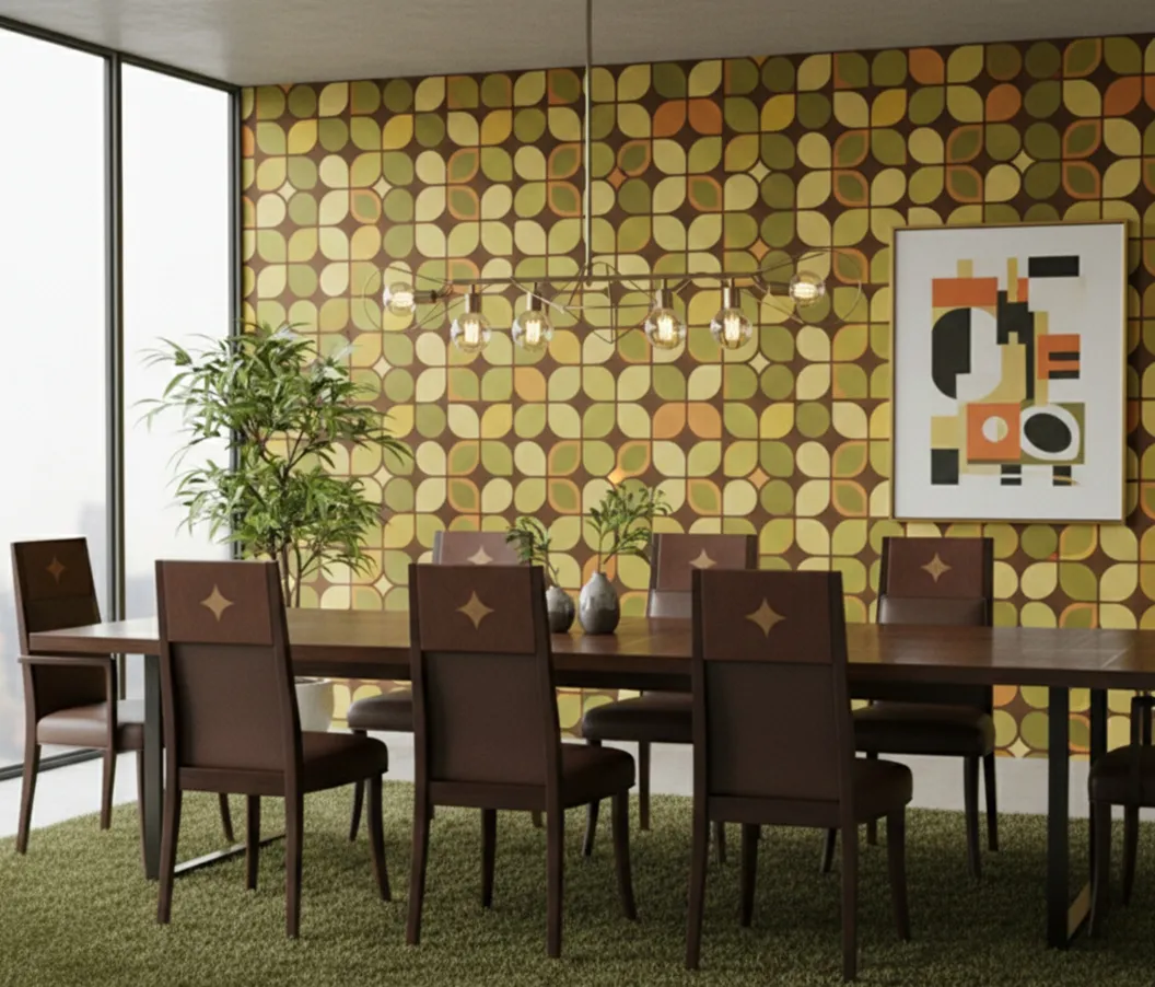 12 sedie antiche in una sala da pranzo moderna con pianta decorativa