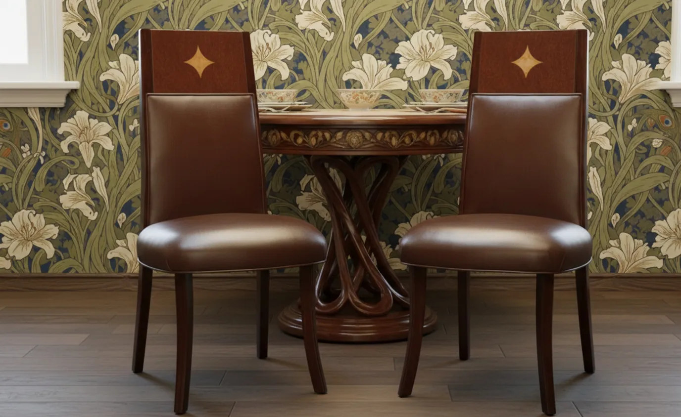 Set of 12 antique chairs in a decorative setting.