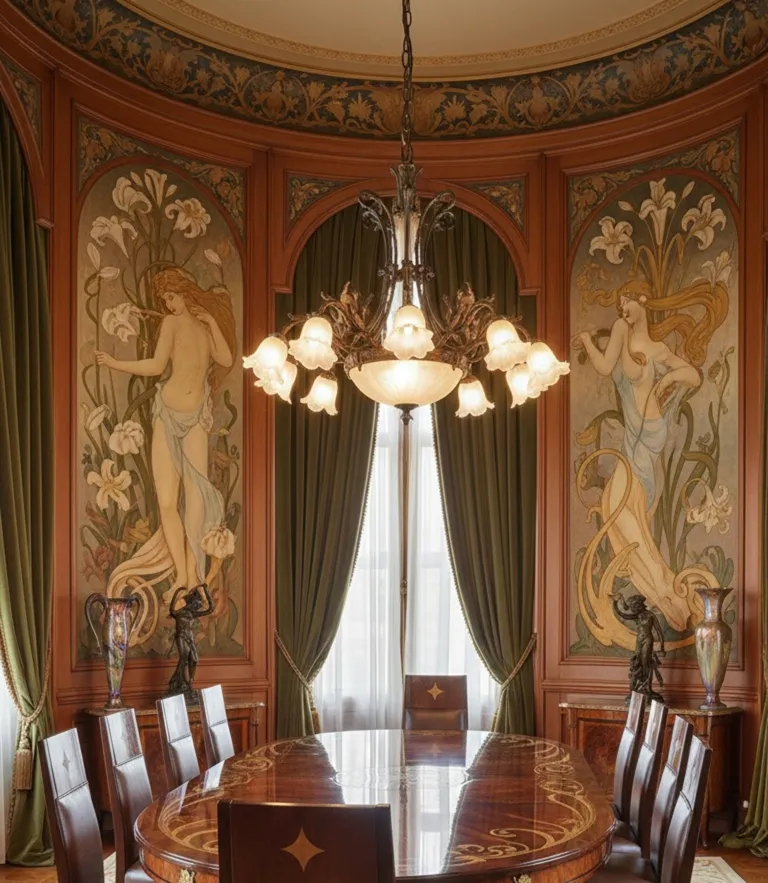 Set di 12 sedie antiche in una sala da pranzo con decorazioni eleganti.