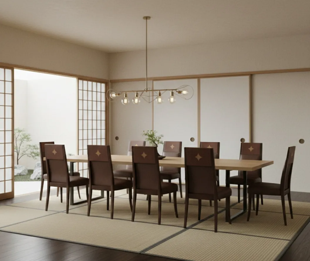 12 cadeiras antigas com detalhes em uma sala de jantar minimalista, perfeitas para restaurar.