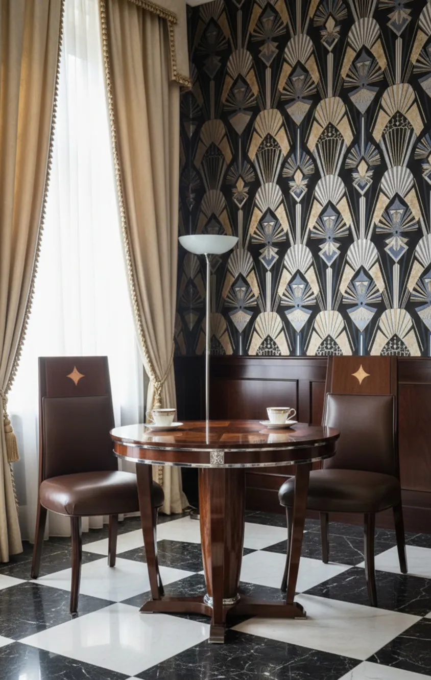 12 antike Stühle zum Restaurieren in Art-Déco-Umgebung mit Tisch und Lampe