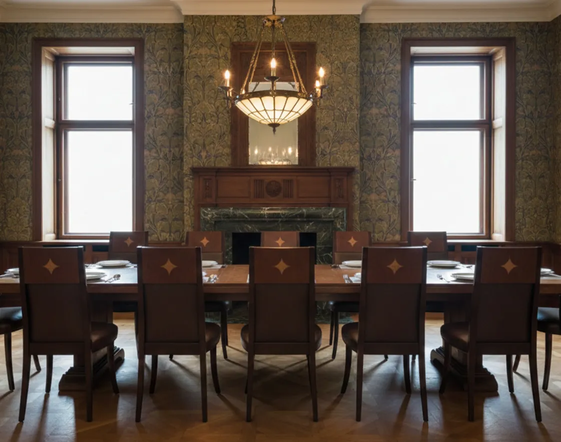 Set aus 12 antiken Stühlen in einem eleganten Esszimmer