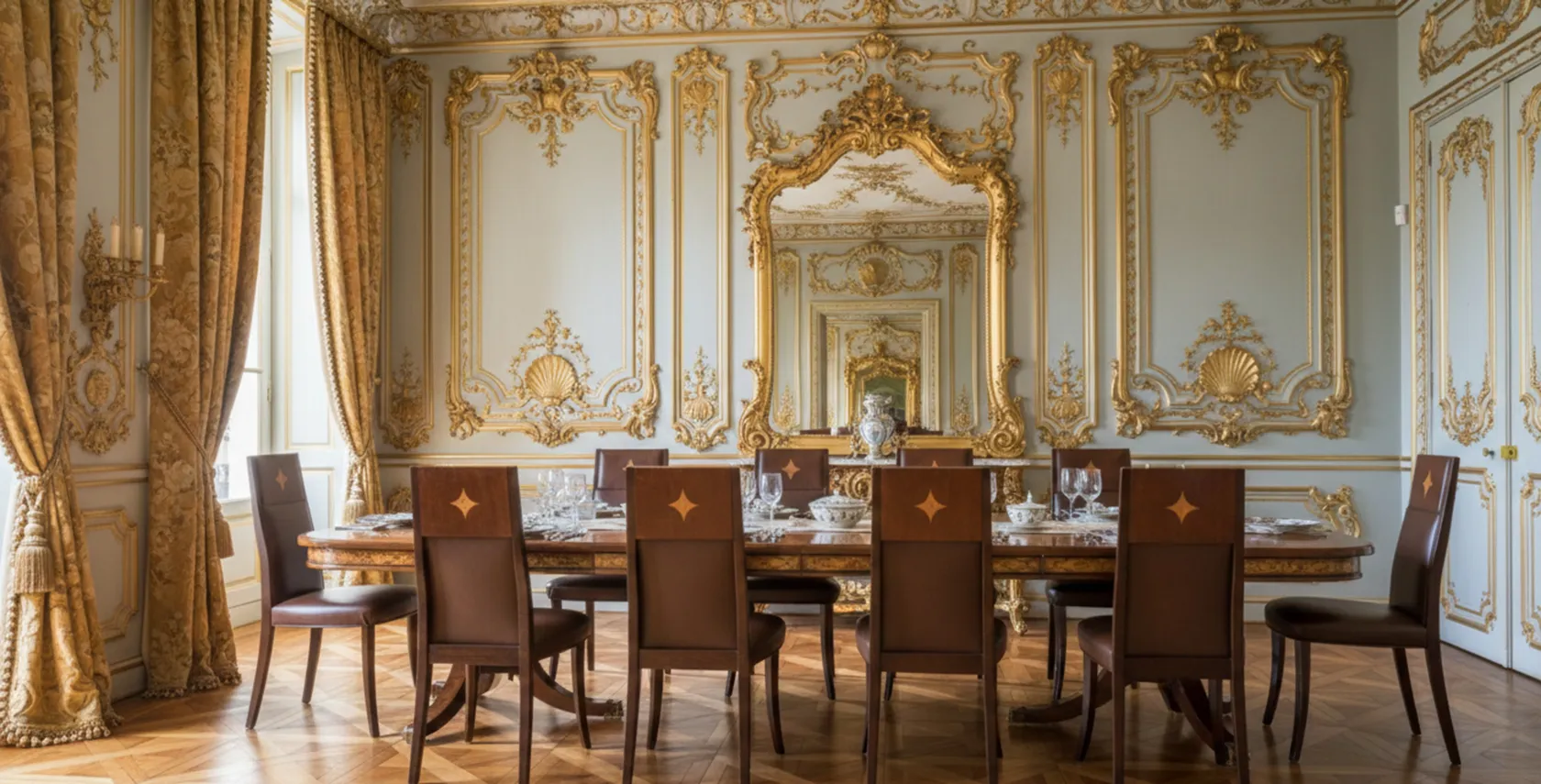 Uma sala de jantar elegante com 12 cadeiras antigas e decoração luxuosa