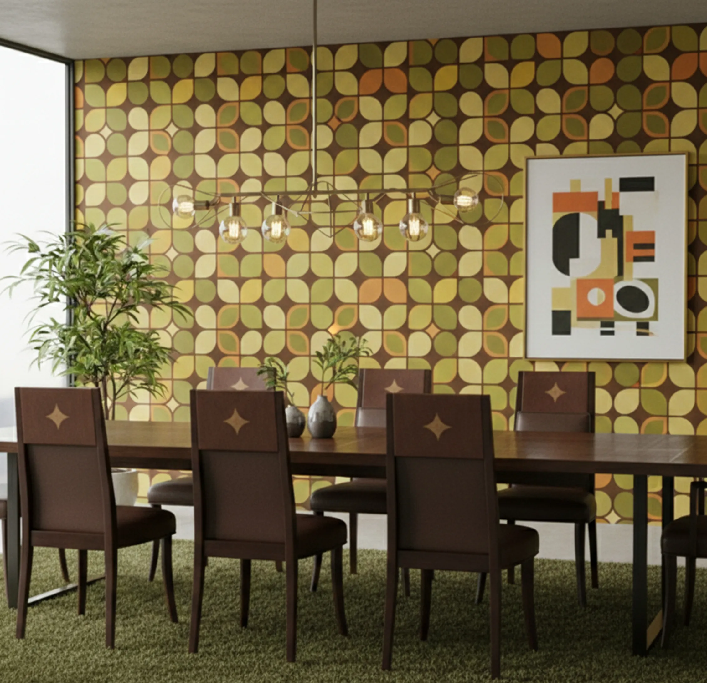 Twelve antique chairs with detailed backs in a modern dining room