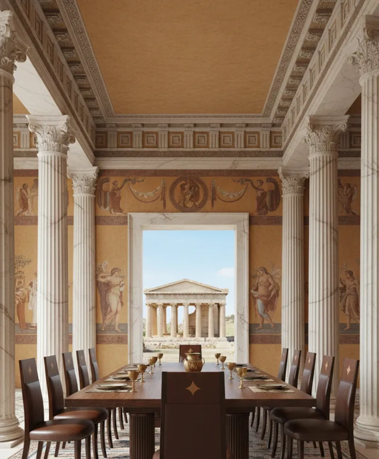 12 antique chairs in an elegant dining room with columns