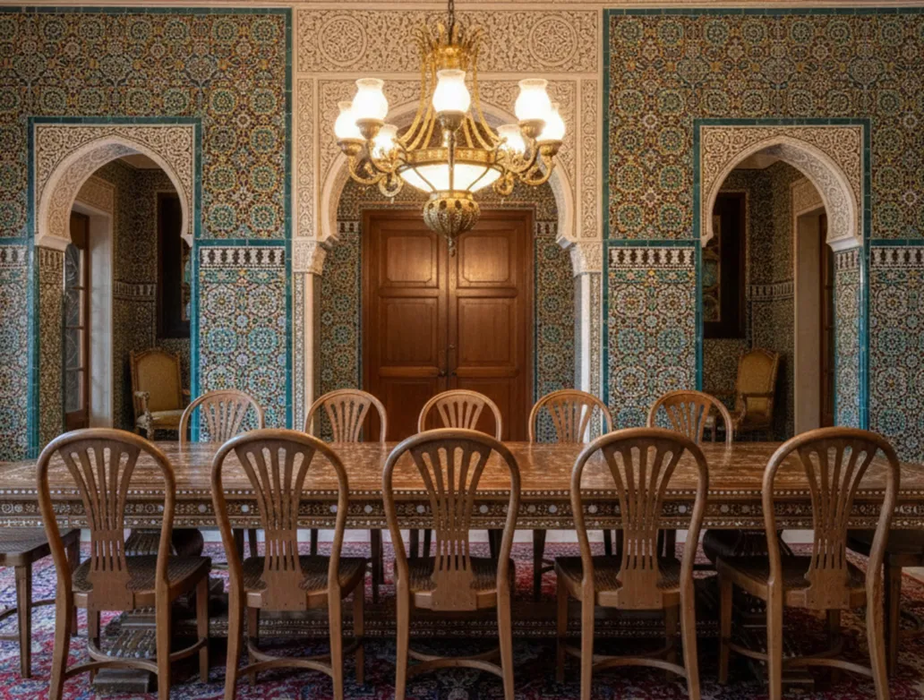 12 cadeiras thonet antigas em uma sala de jantar decorativa