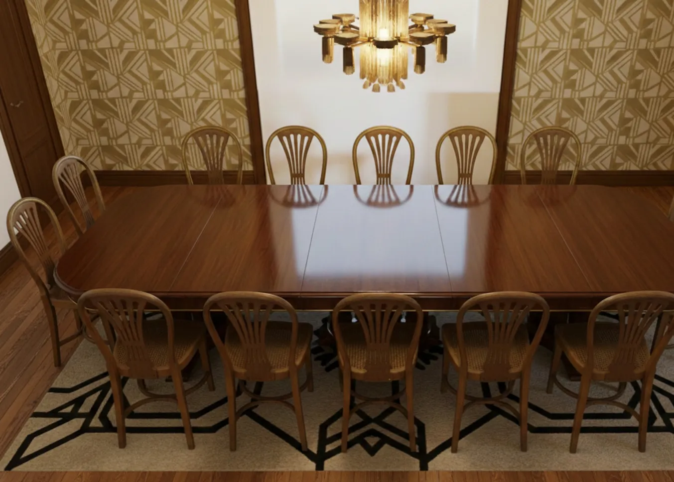 Twelve antique thonet chairs with unique backs in an elegant setting.