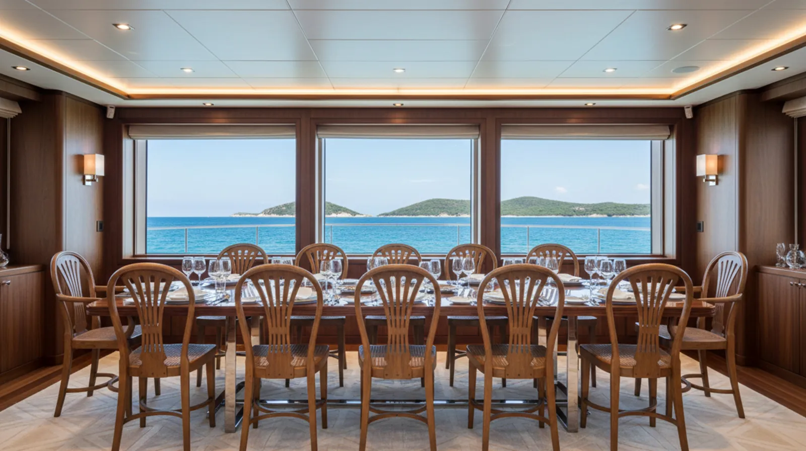 Dodici sedie thonet antiche in un ambiente elegante con vista sul mare.