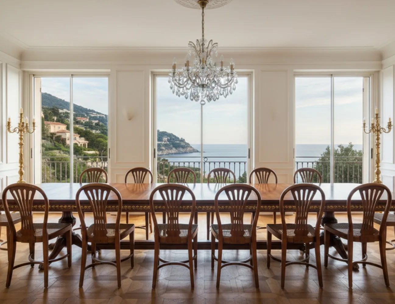 Twelve antique thonet chairs in a dining room with sea view
