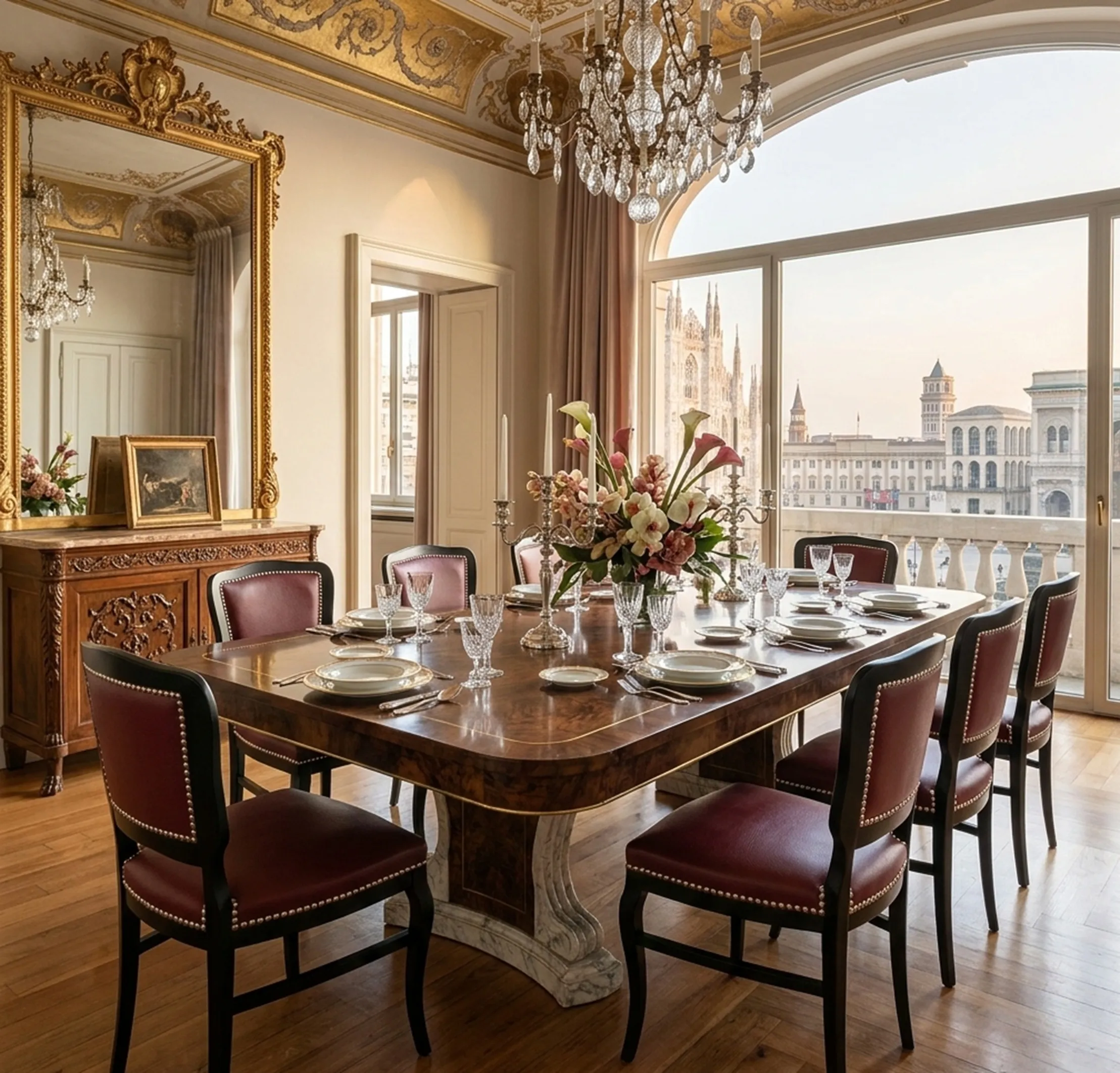 Dining room with 6 antique chairs to restore and floral decor