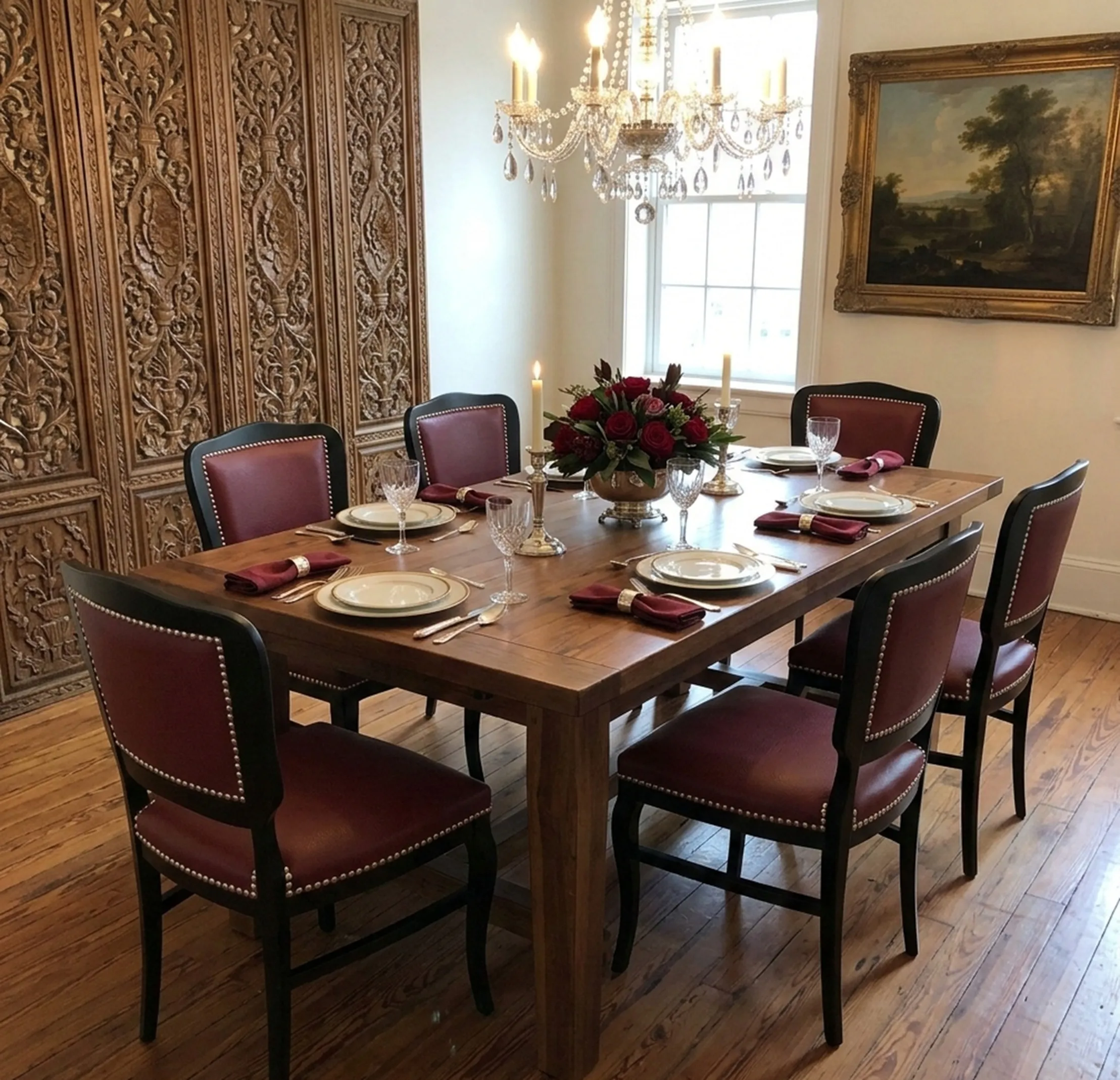 Set of 6 antique chairs with red upholstery, elegant setting