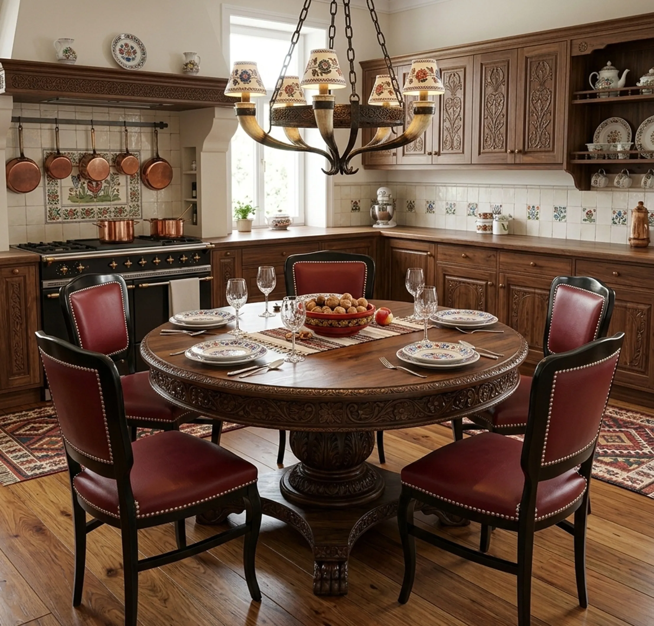 Set of 6 antique chairs in a cozy dining room setting