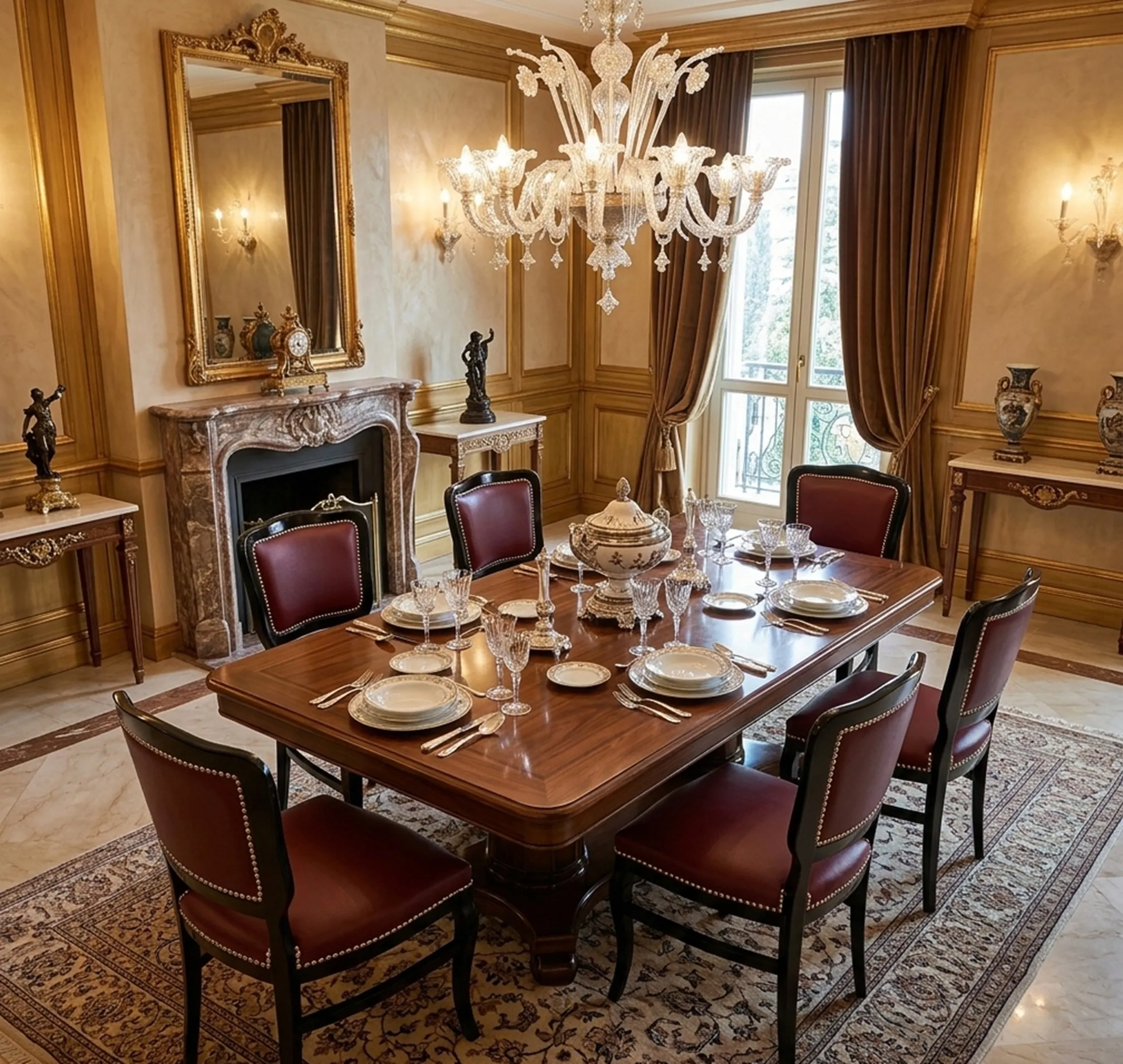 6 antique chairs in an elegant dining room with table and decor