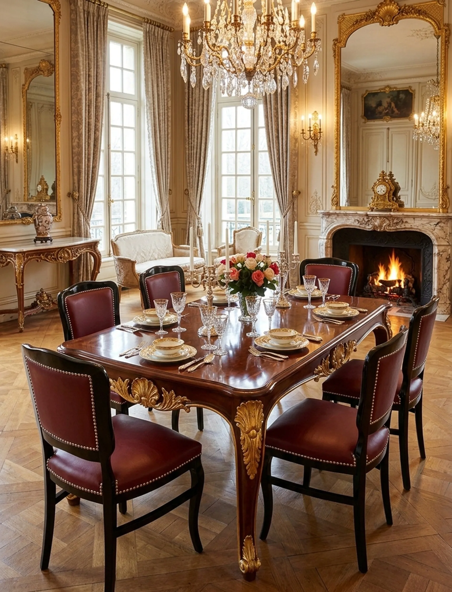 Elegant dining room with 6 antique chairs and table, classic decor.