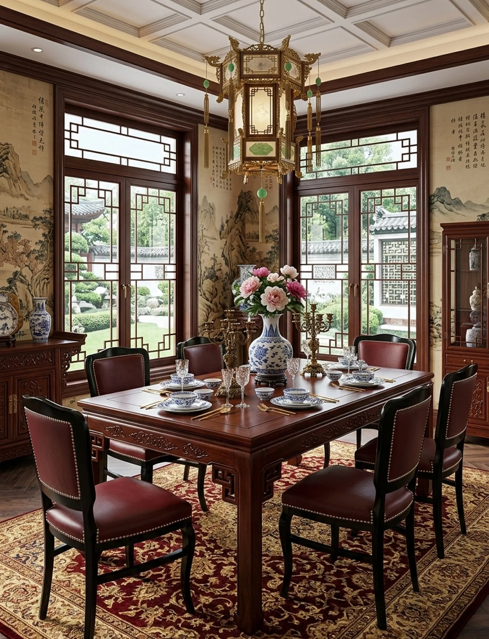 sei sedie antiche in un ambiente elegante, circondate da decorazioni e un tavolo.