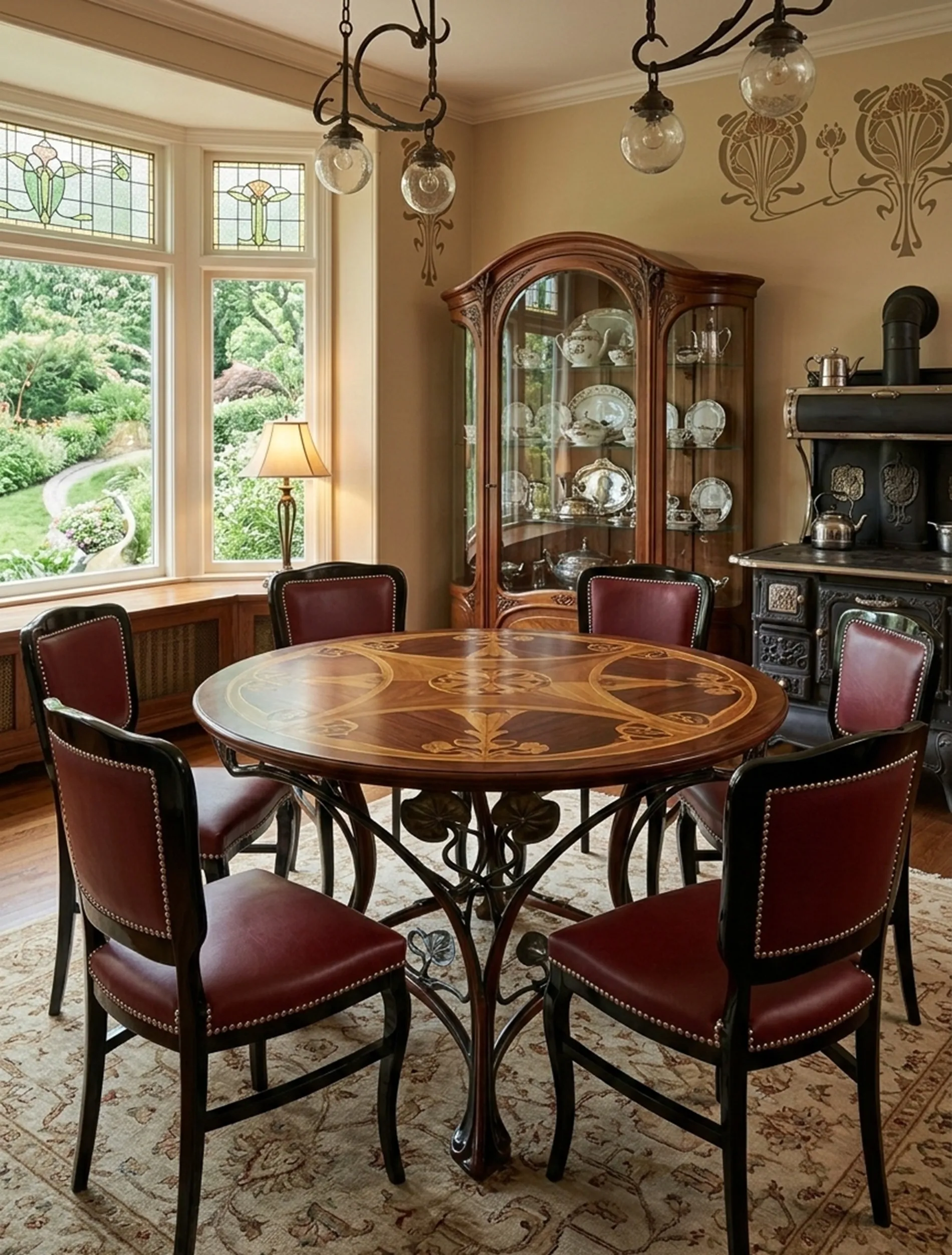 Set di 6 sedie antiche da restaurare, con rivestimento bordeaux, in un ambiente classico.