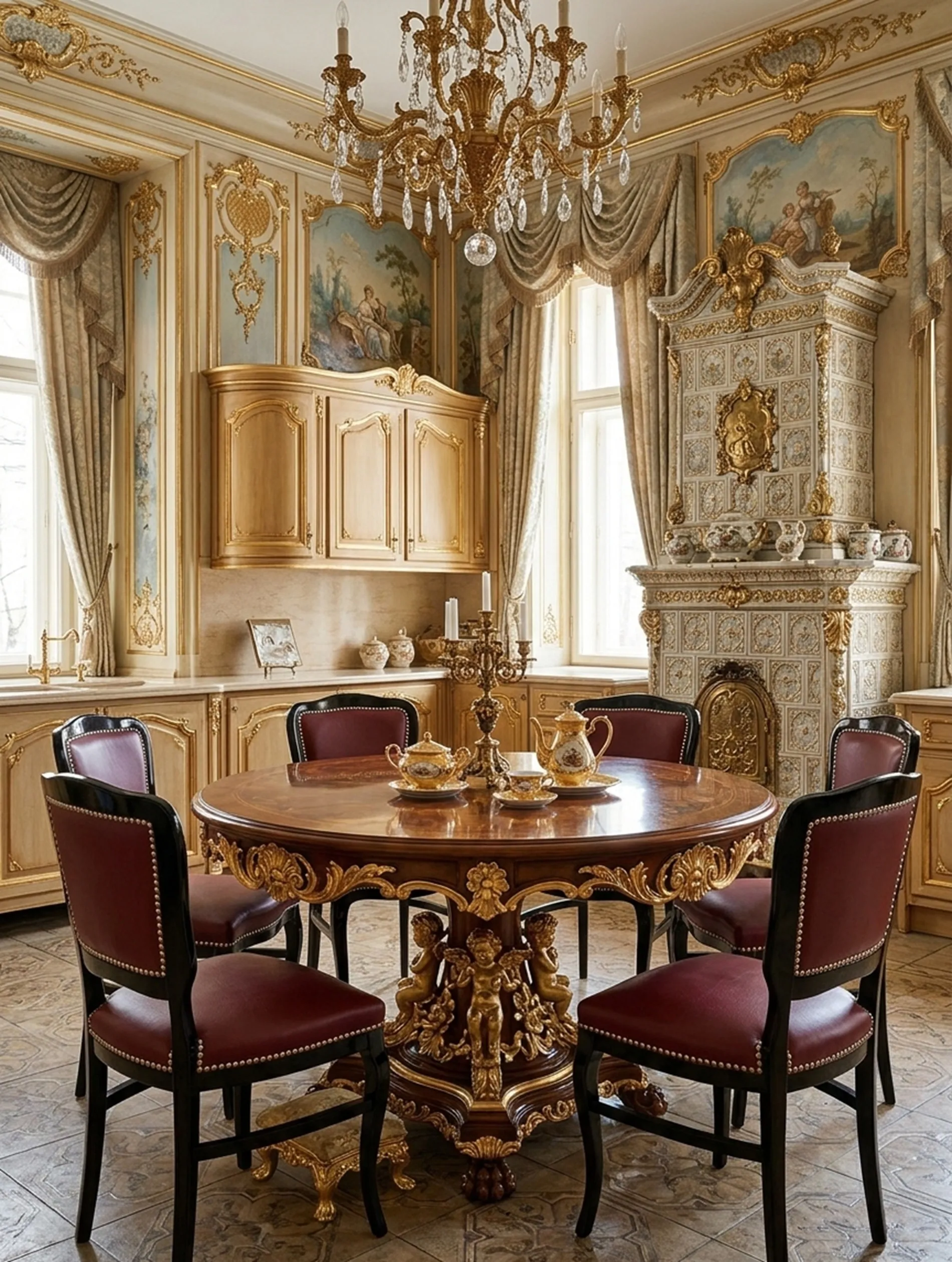 antichità 6 sedie con rivestimento rosso in sala elegante