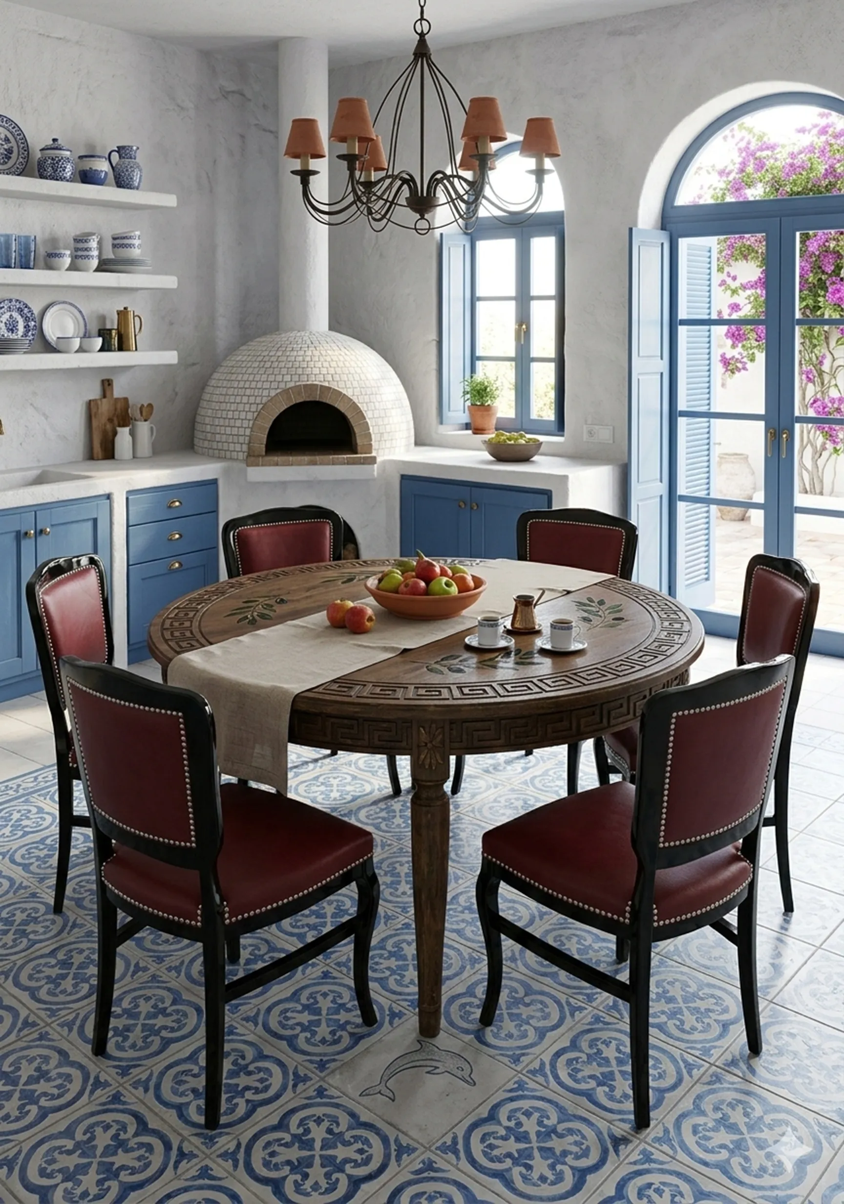 conjunto de 6 cadeiras antigas com design elegante, cena de cozinha com mesa redonda