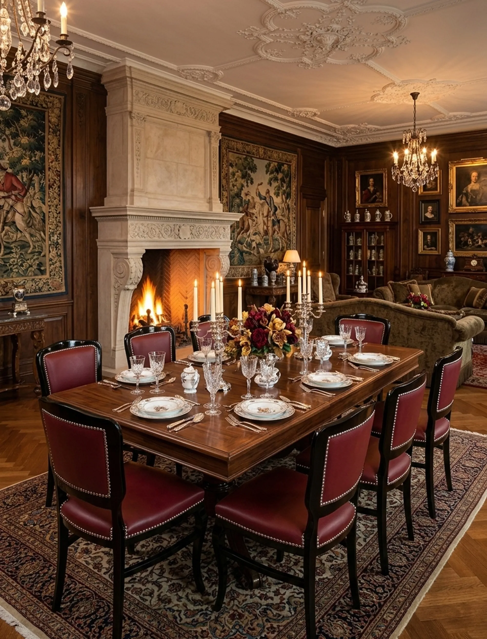 6 sillas antiguas alrededor de una mesa en comedor elegante, con chandelier.